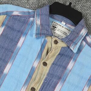 FREAK N CHIC Men's Woven Cotton Short Sleeve Button Up Shirt Blue Tan Stripe M